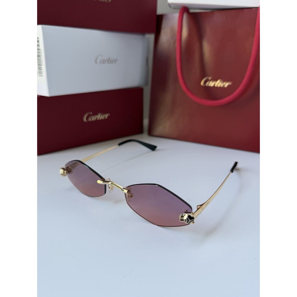 CARTIER Panthere De Cartier Sunglasses CT0433S 004 Gold Violet Lens AUTHENTIC - Picture 5 of 13